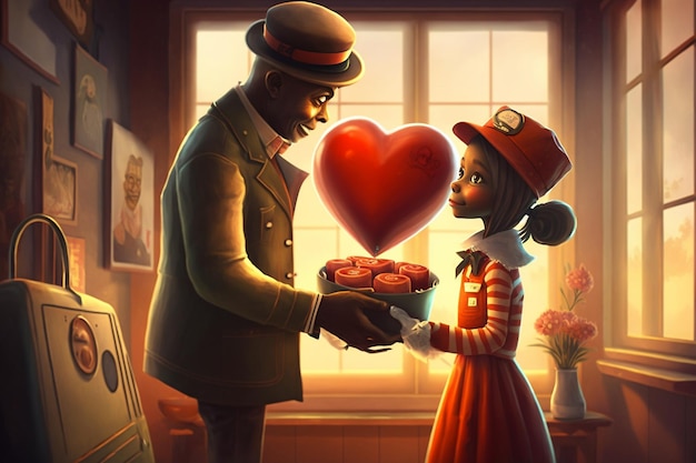 un uomo e una donna tengono una scatola a forma di cuore con una ragazza che tiene una ciotola di monete d'oro.