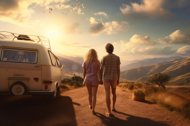 Un uomo e una donna viaggiano in un camper su un bellissimo paesaggio generativo ai