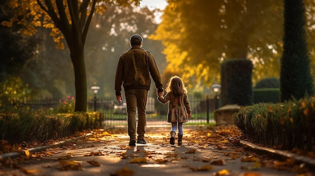 Un uomo e una ragazza camminano lungo un ponte con foglie autunnali sul terreno
