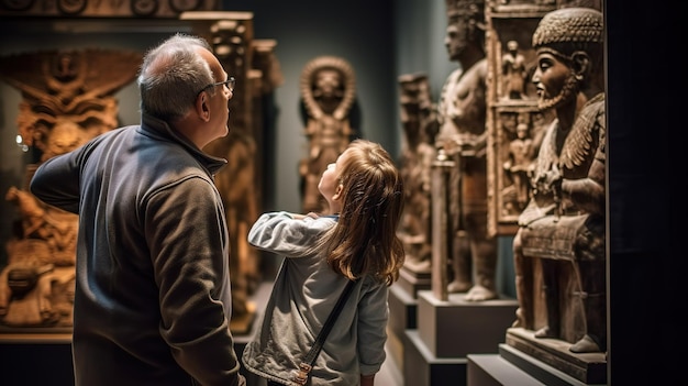 Un uomo e una ragazza che guardano le sculture in un museo