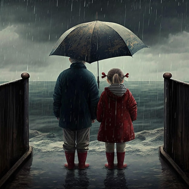 Un uomo e una ragazza con un portaombrelli sotto la pioggia.