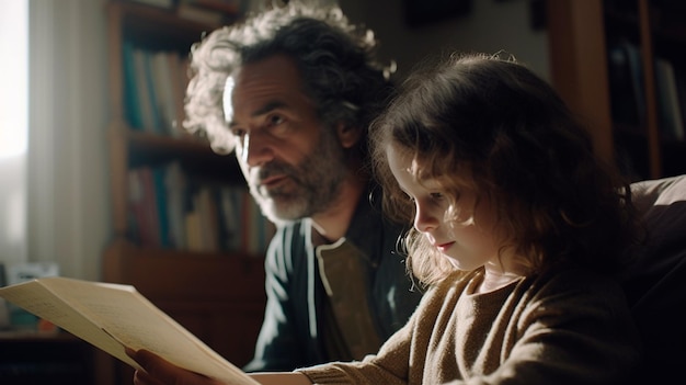 Un uomo e una ragazza stanno leggendo un libro insieme.