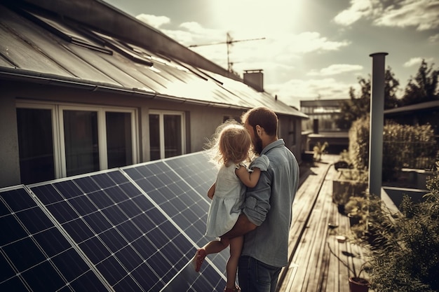 Un uomo e una ragazza stanno su un tetto con pannelli solari sul tetto.
