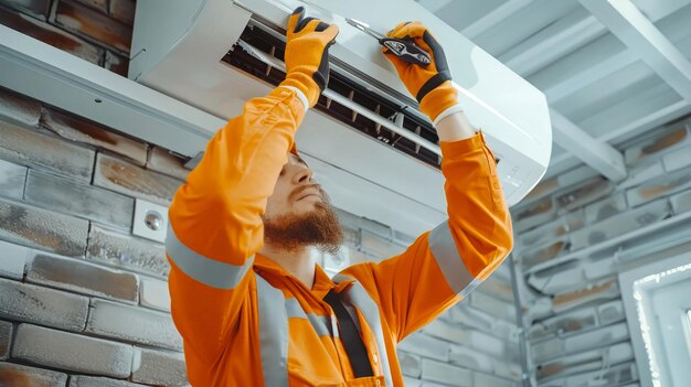 Un uomo è visto lavorare diligentemente su un condizionatore d'aria a soffitto che conduce l'installazione o le riparazioni