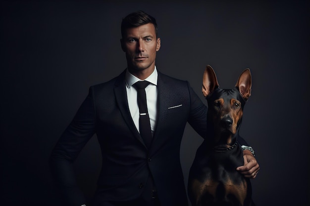 Un uomo elegante con un abito su misura in piedi con sicurezza con il suo fedele doberman pinscher