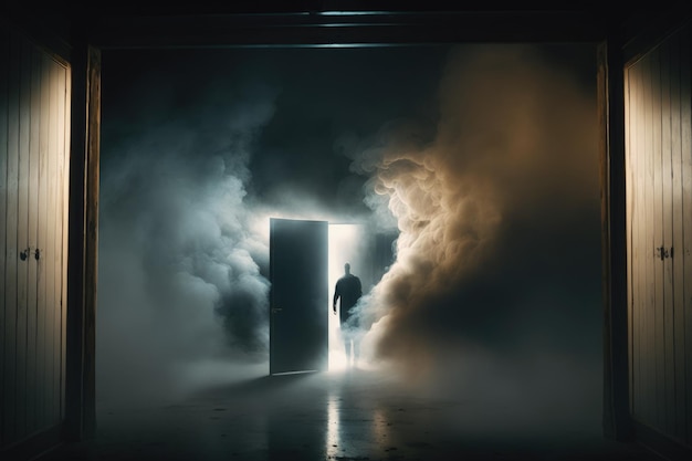 Un uomo entra in una stanza buia da cui esce del fumo.