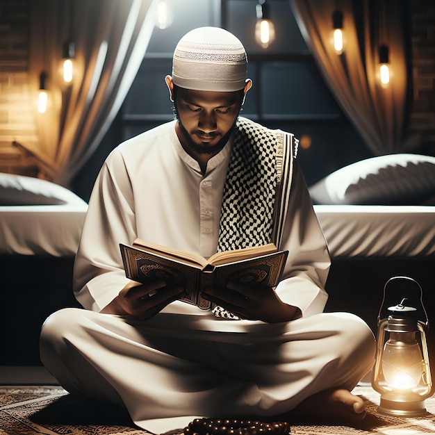 un uomo era seduto nella sua stanza a leggere il Corano o Al Corano