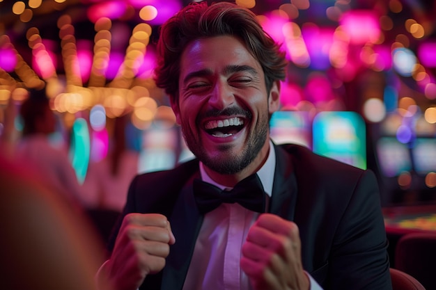 un uomo estatico in abito formale che celebra una grande vittoria in un casinò