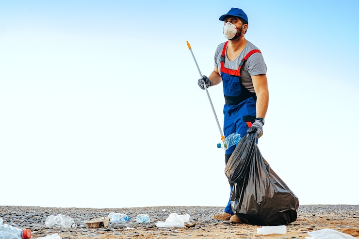 Foto un uomo fa volontariato in uniforn raccogliendo spazzatura sulla spiaggia con un estensore di portata