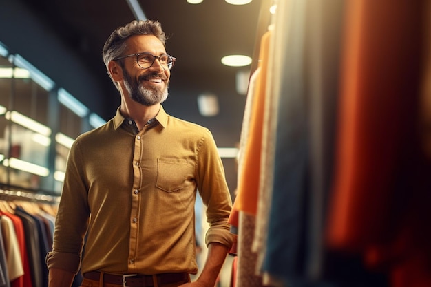 Un uomo felice che guarda alla moda e li sceglie in un moderno negozio con l'IA generativa