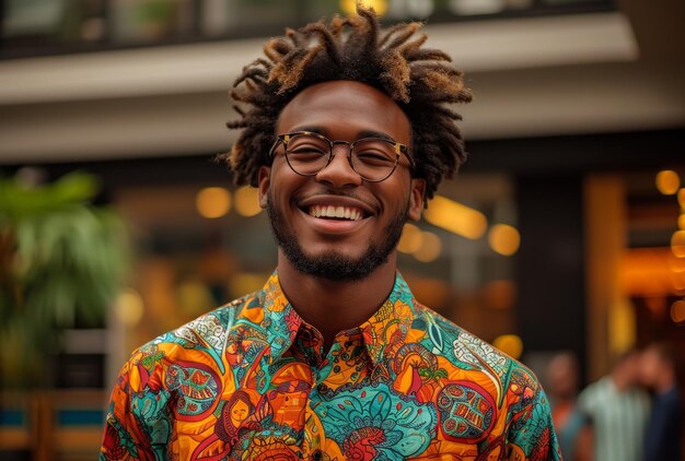un uomo felice con gli occhiali in una camicia colorata in piedi fuori