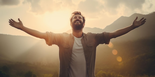 Un uomo felice con le braccia aperte è in piedi alla luce del sole Bellissima immagine illustrativa IA generativa