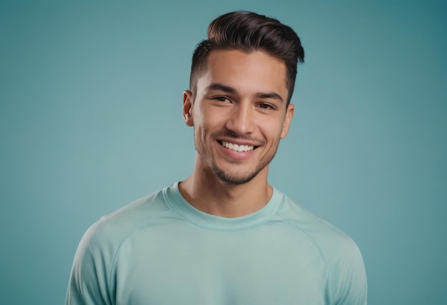 Un uomo felice con una maglietta blu chiaro il suo sorriso luminoso suggerisce positività e amicizia