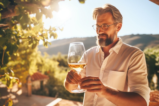 Un uomo felice e di successo sta assaggiando un sapore e controllando la qualità del vino rosso da un bicchiere sullo sfondo dei vigneti