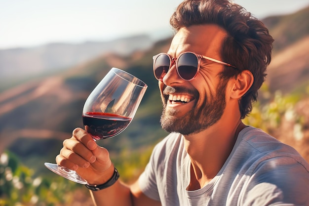 Un uomo felice e di successo sta assaggiando un sapore e controllando la qualità del vino rosso da un bicchiere sullo sfondo dei vigneti