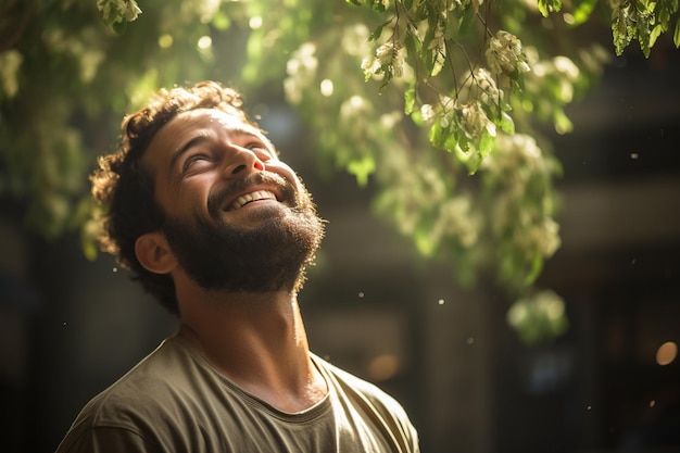 Un uomo felice sta diradando e potando un albero con l'IA generativa