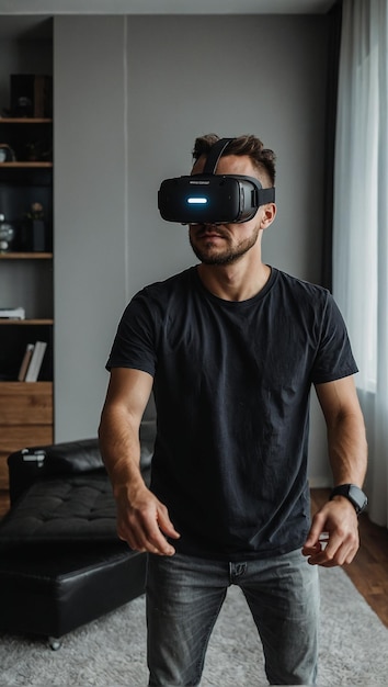 un uomo gioca a un gioco VR in soggiorno