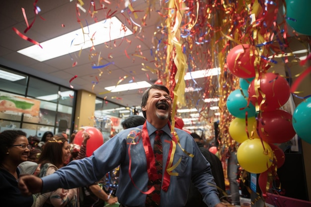 Un uomo gioiosamente estatico con indosso un abito da festaiolo circondato da coriandoli e palloncini colorati che irradiano felicità ed energia festosa