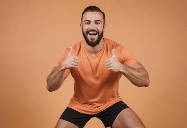 Un uomo gioioso con una camicia pesca dà doppio pollice il suo sorriso luminoso e posa accovacciata espresso