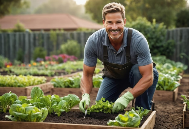 Un uomo gioioso sorride mentre raccoglie le verdure dal suo giardino la sua soddisfazione per la fioritura