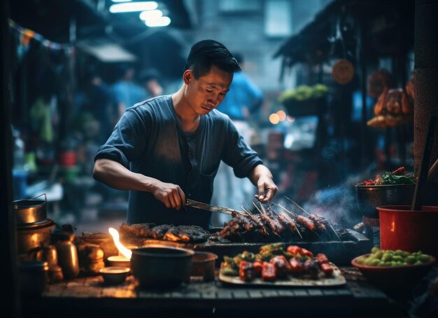 Un uomo griglia carne spaccata in un vivace mercato notturno