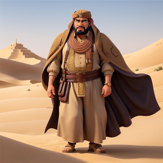 Un uomo grosso vestito con vecchi vestiti arabi.