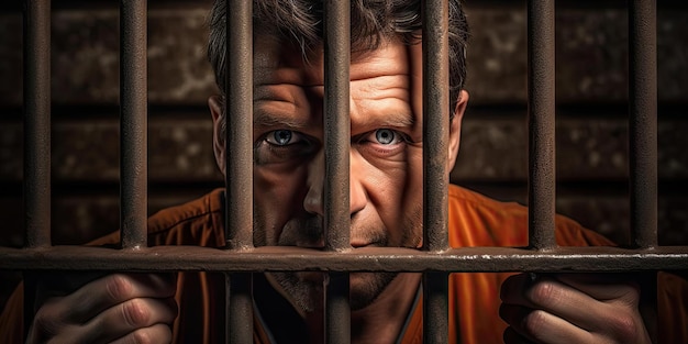 un uomo guarda attraverso le sbarre di una cella di prigione nello stile di ritratti di celebrità
