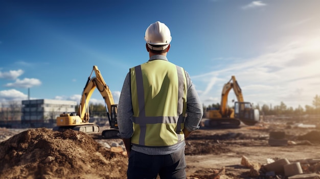 Un uomo guarda il cantiere con un'escavatore