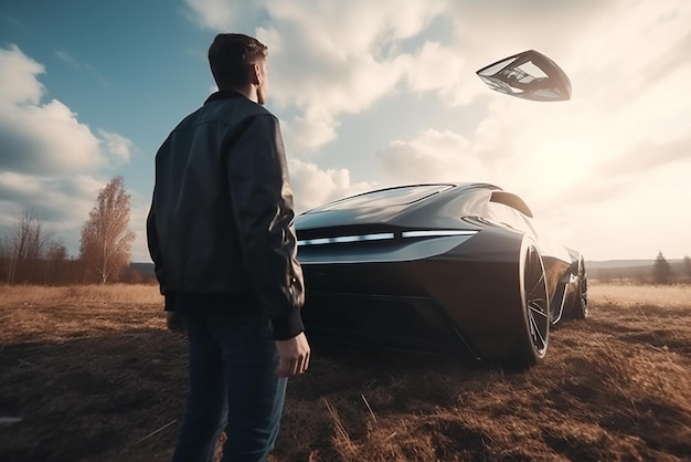 Un uomo guarda l'auto del futuro