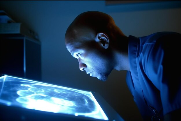 Un uomo guarda uno schermo su cui è scritto "cuore".