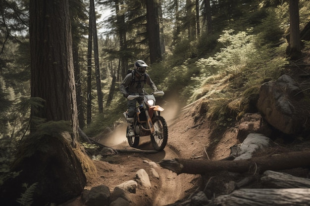 Un uomo guida una bici da cross attraverso una foresta.