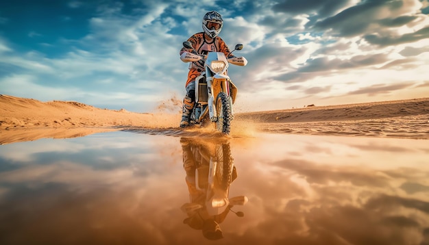 Un uomo guida una moto attraverso una pozza d'acqua