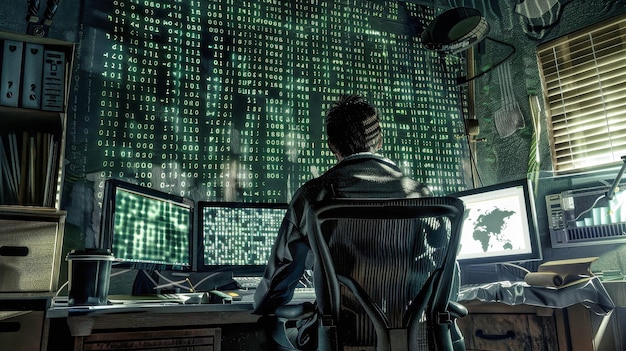 Un uomo immerso nei suoi pensieri seduto a una scrivania davanti a un computer forse hacker o che lavora su qualcosa di segreto