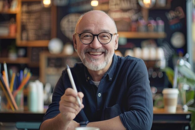 Un uomo imprenditore maturo e felice con una penna da punta di feltro in un caffè.