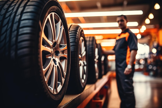 Un uomo in abiti da lavoro guarda le gomme delle auto allineate in un magazzino di un'azienda