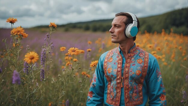 un uomo in abiti tradizionalmente ricamati ascolta la musica con le cuffie su un campo con fiori