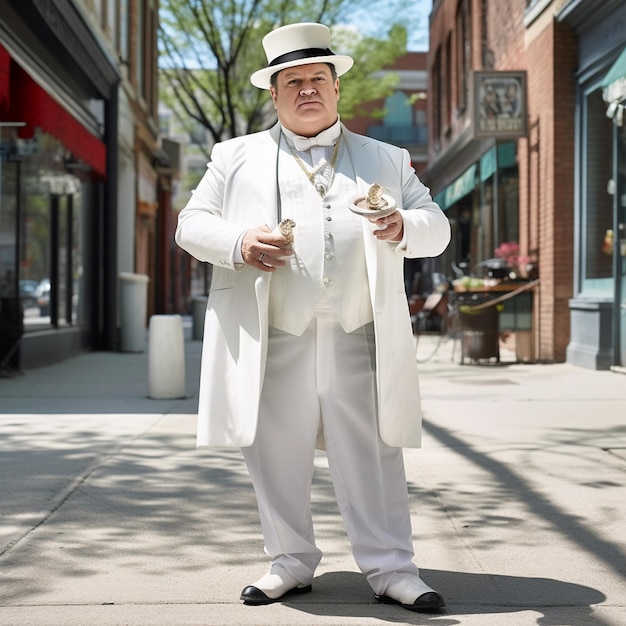 un uomo in abito bianco si trova su un marciapiede davanti a un negozio.