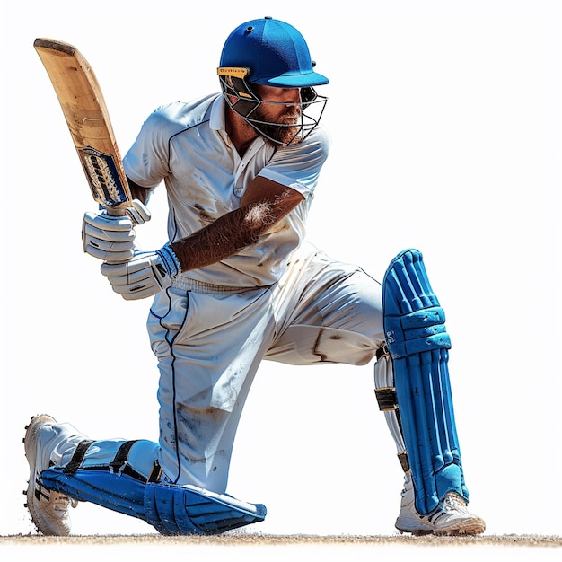 Un uomo in abito blu sta giocando a cricket con una mazza sullo sfondo bianco