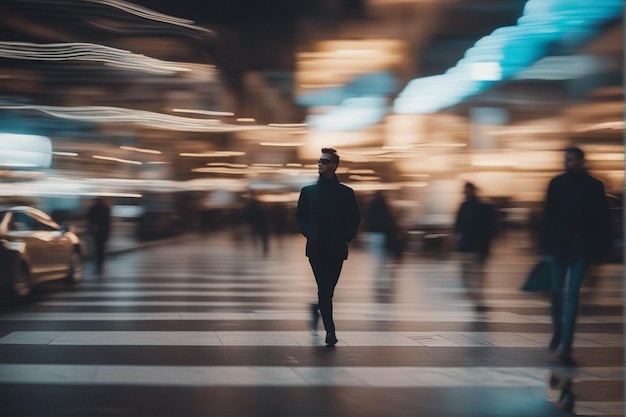 Un uomo in abito cammina in un grande edificio con una sfocatura di persone sullo sfondo.