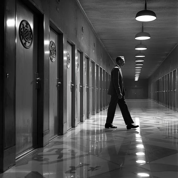 Un uomo in abito che cammina lungo un corridoio