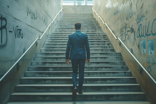 Un uomo in abito che scende una scala