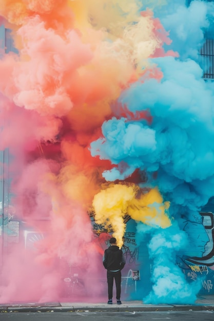 un uomo in abito con la parola "fumo blu" sul lato