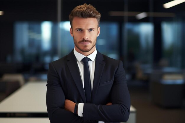 un uomo in abito con le braccia incrociate