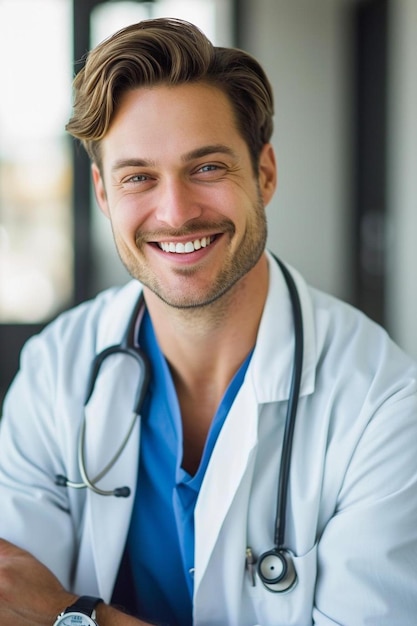 un uomo in abito da laboratorio bianco con uno stetoscopio