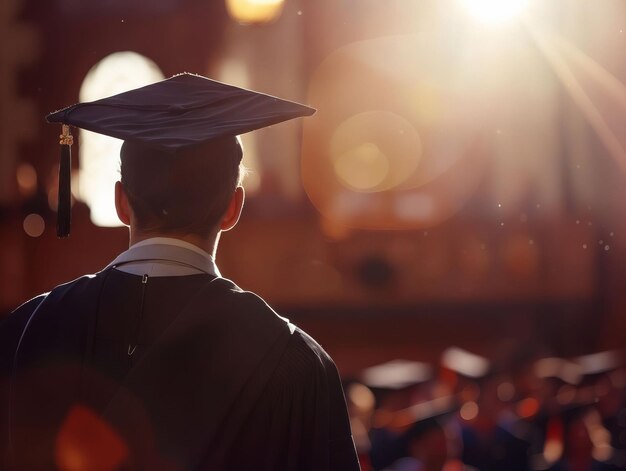 Un uomo in abito da laurea che guarda il sole