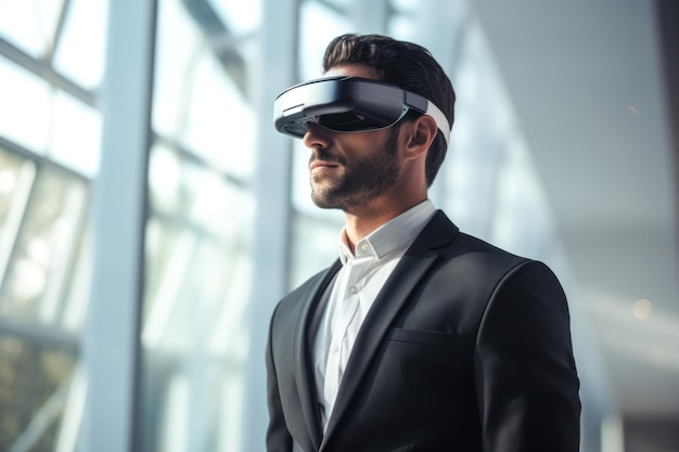 Un uomo in abito da lavoro che indossa occhiali di realtà virtuale Un uomo d'affari usa occhiali VR AI generativa
