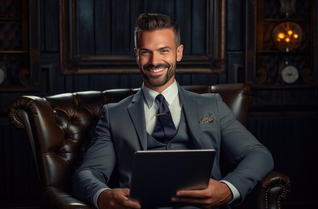 Un uomo in abito da lavoro con un tablet sullo sfondo di un bar