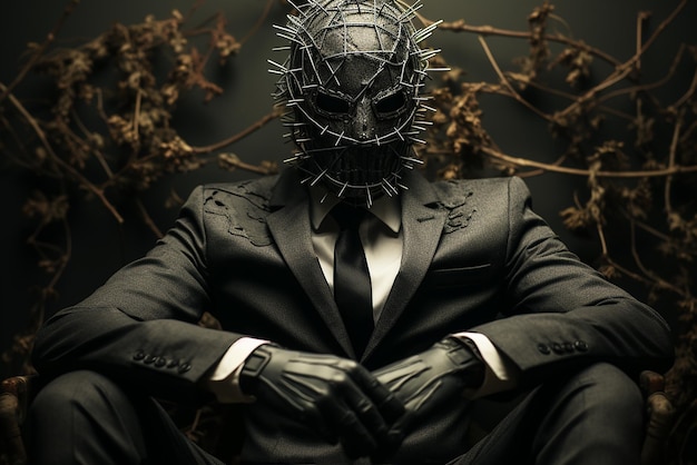 Un uomo in abito da ufficio e una maschera di filo spinato sulla testa