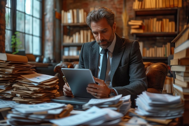 Un uomo in abito è seduto su una sedia in una biblioteca a guardare un tablet.