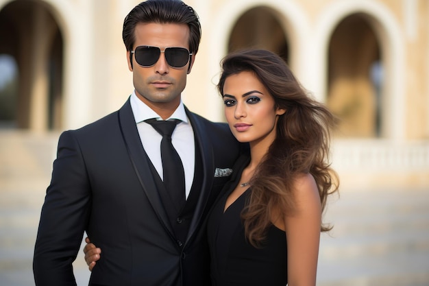 Un uomo in abito e una donna in abito nero in piedi insieme in modo sofisticato ed elegante